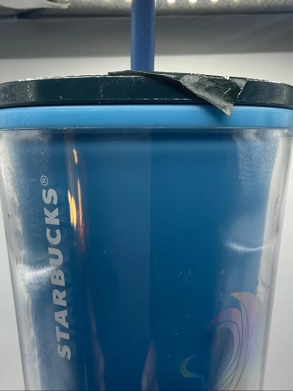Starbucks Blue Tumbler with Iridescent Mermaid Art and Blue Straw